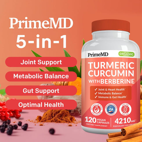 5-in-1 Turmeric Curcumin Supplement (4210mg) with Berberine, & Ceylon Cinnamon - Organic Turmeric Curcumin with Black Pepper and Ginger Supplements for Joint, Heart, Gut, & Metabolic Support (120 ct)