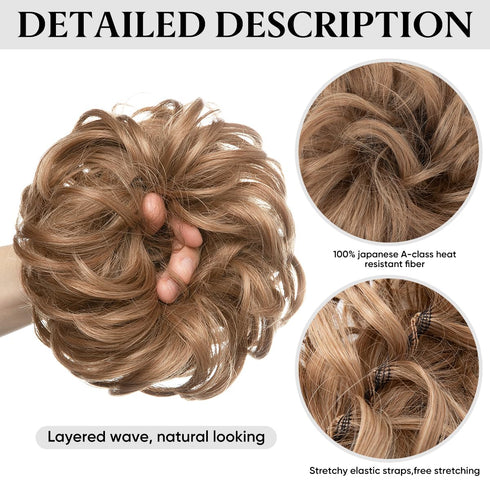 SARLA 2PCS Messy Hair Bun Pieces Wavy Curly Synthetic Updo Scrunchies Ponytail Extension (Medium Brown)