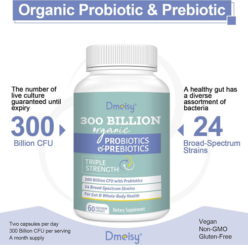 Probiotics for Women and Men, 300 Billion CFU, 24 Strains, 15 Organic Herbs, 2 Month Supply for Digestive Health