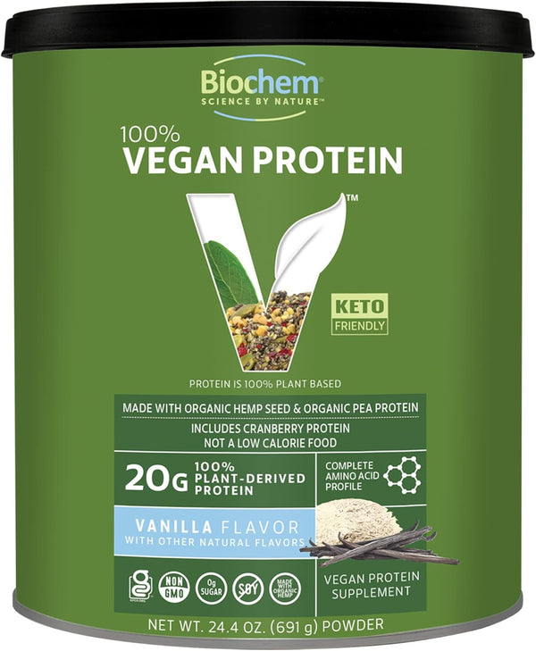 Biochem Country Life Vegan Protein Powder, 20g Pure Plant-Based Protein, Vanilla, 1.5 lb