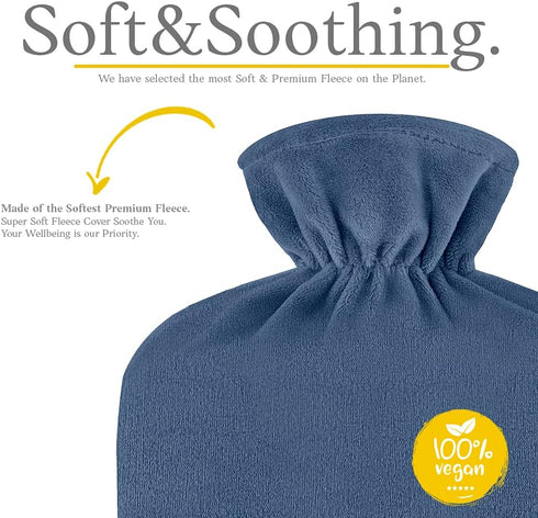 Qomfor 2L Hot Water Bottle - with Soft Premium Fleece Cover - Dark Blue, - Heating Pad for Menstrual Cramps & Period