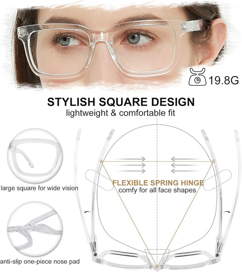 AEZUNI Large Square Reading Glasses for Women, Clear Frame Readers, Available in 1.0 to 3.5 (Transparent, 250)