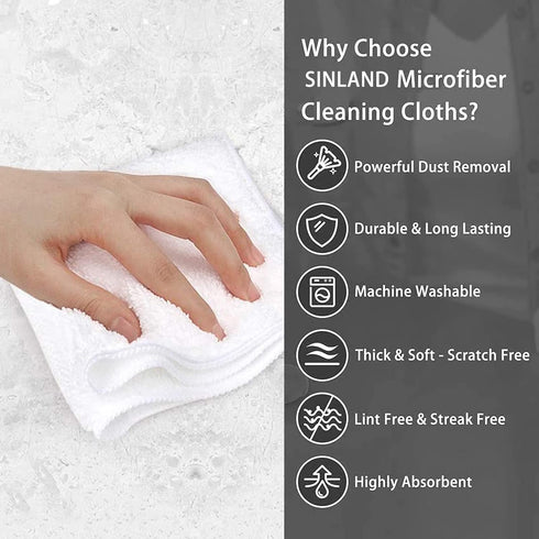 SINLAND 12 Pack Microfiber Cleaning Cloths, 12"x12", White, Absorbent Dish Rags, No Streak Lens Cloths