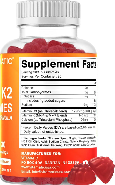 Vitamatic Vitamin D3 K2 Gummies - 60 Count - Supports Healthy Bone, Heart & Calcium Absorption, Immune Health - Plant