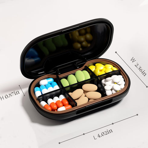 HyJeryty 6-Compartment Pill Organizer - Small Compact Daily & Travel Pill Case Container for Vitamins, Medication