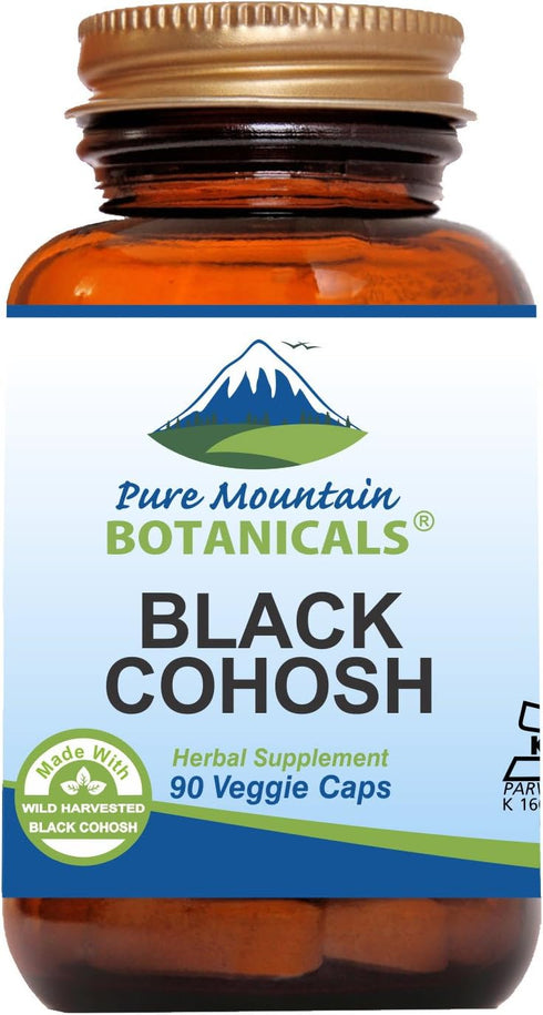 Pure Mountain Botanicals Black Cohosh Capsules - 90 Vegan Kosher Caps - 500mg Wild Black Cohosh Root for Menopause