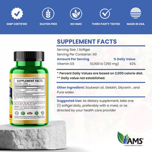 America Medic & Science Xtra D3 Vitamin D 10,000 IU (250 mcg), 60 Easy to Swallow Softgels | Bone and Heart Health
