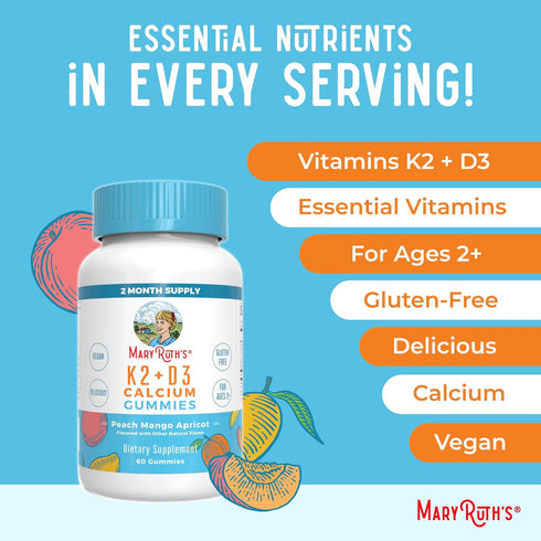 MaryRuth Organics Calcium with Vitamin D & K2, 60 Count Gummies, Vegan, Non-GMO, 2 Month Supply for Bone Health