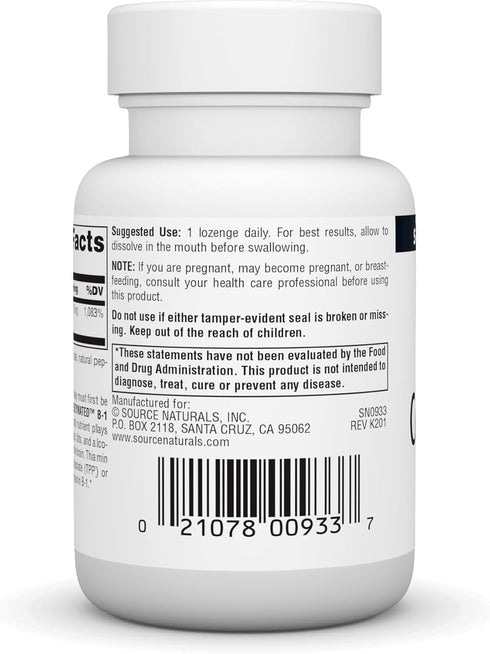 Source Naturals Coenzymated B-1 25mg Fast Acting Thiamin Cocarboxylase Quick-Dissolve - 60 Lozenges