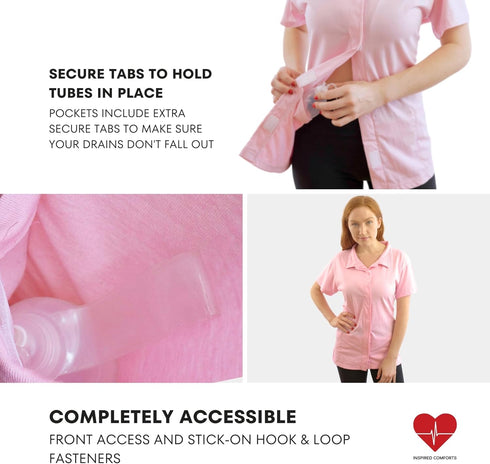 Post Op Easy Open Mastectomy Recovery Top with Pockets & Fasteners for Drains, Pink