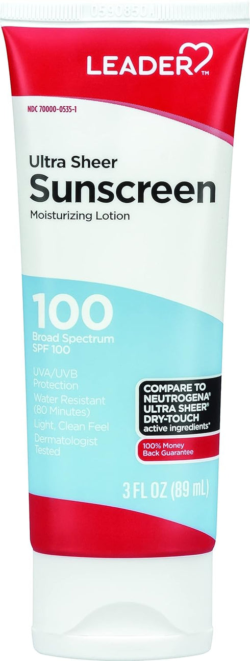 Leader Travel Sunscreen SPF 100+, Ultra Sheer Dry-Touch Water Resistant Lotion, 3 Fl Oz