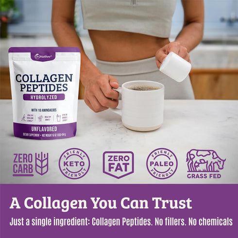 Dr. Matthew Hydrolyzed Collagen Peptides Powder - Unflavored Grass Fed Protein Supplement for Hair, Skin, Joints