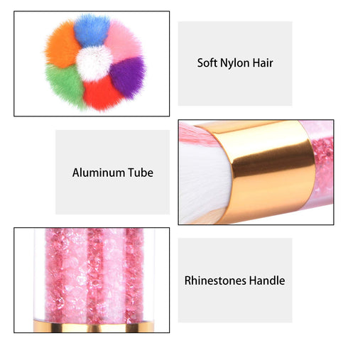 LEQ 2Pcs Colorful Nail Art Dust Brush Remover, Cleaner for Acrylic & UV Gel Nails, Shiny Rhinestone Handle