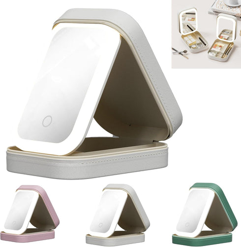 LED Three-Color Adjustable Makeup Mirror, Travel Portable Rechargeable Makeup Organizer with Led Lights, Waterproof Vanity Mirror Jewelry Box with Zipper, Multi-Compartment Storage (White) by CRIVERY