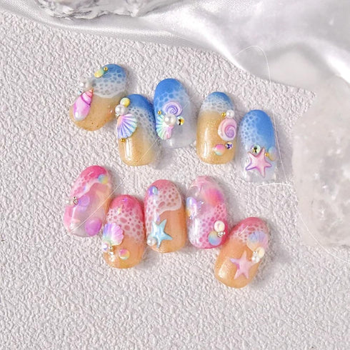 5D Summer Nail Art Stickers, Embossed Ocean Nail Decals Seashell Starfish for Luxurious Summer Nail Design Decoration