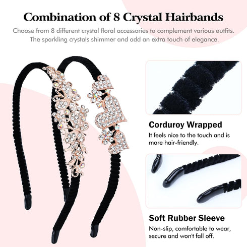Lawie 8 Pack Rhinestone Flower Butterfly Bowknot Headbands, Sparkly Black Metal Hair Accessories for Women Girls