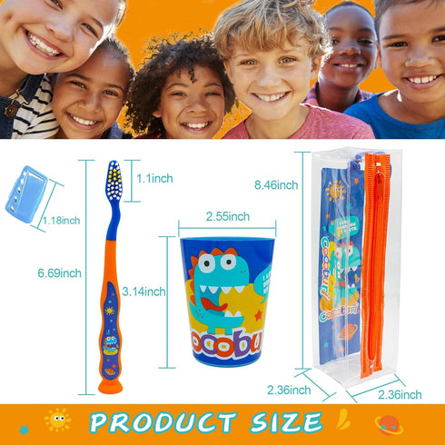 Dinosaurs 4-Piece Toothbrush Set for Kids, Travel Set with Toothbrush, Cap, Cup, and Carry Bag