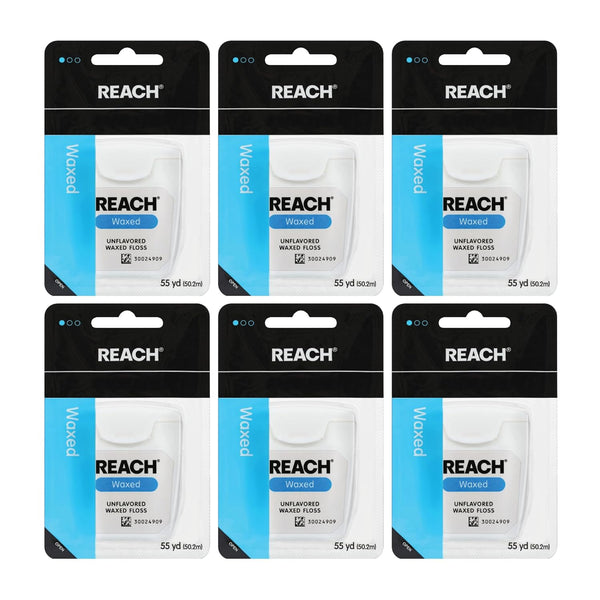 REACH Waxed Dental Floss, Unflavored, 6 Pack, 55 yd, Deep Cleaning Teeth, PFAS Free