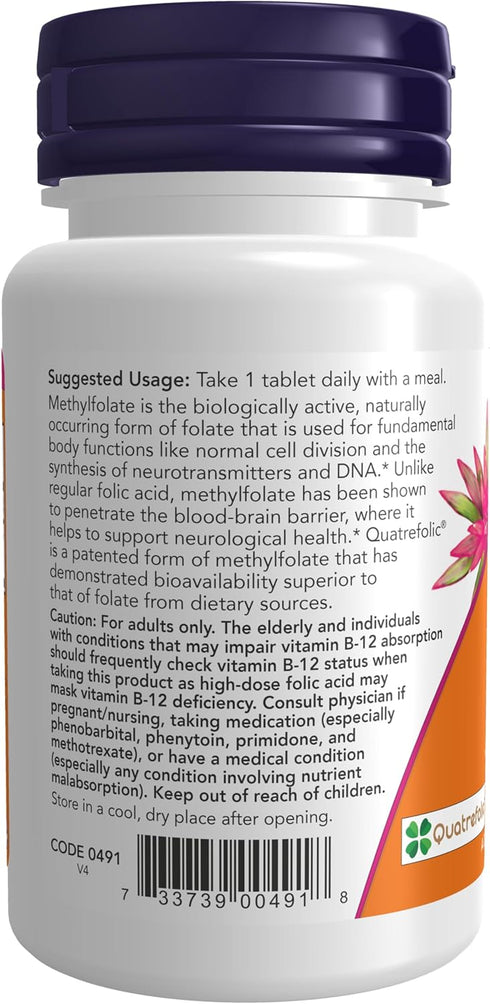 NOW Supplements, Methyl Folate 1,000 mcg, Metabolically Active Folate, Co-Enzyme B Vitamin, 90 Tablets