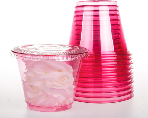 Golden Apple 9oz Pink Red Plastic Cups, 50 Sets with Clear Flat No Hole Lids