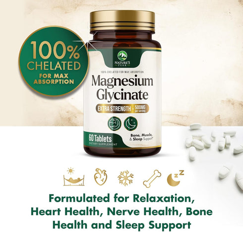 Magnesium Pills Extra Strength 500mg, 60 Tablets, Chelated for Ultra Absorption, Bone & Heart Support
