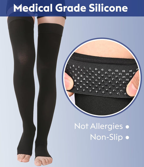 KEKING Thigh High Compression Stockings Toeless, Unisex, Opaque 20-30mmHg Graduated Compression Leg Support