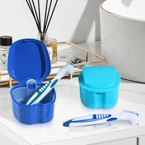 2 Pack Denture Bath Case Cup Holder, Storage Container with Cleaner Brush for Travel Cleaning (Light Blue and Blue)