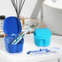 2 Pack Denture Bath Case Cup Holder, Storage Container with Cleaner Brush for Travel Cleaning (Light Blue and Blue)