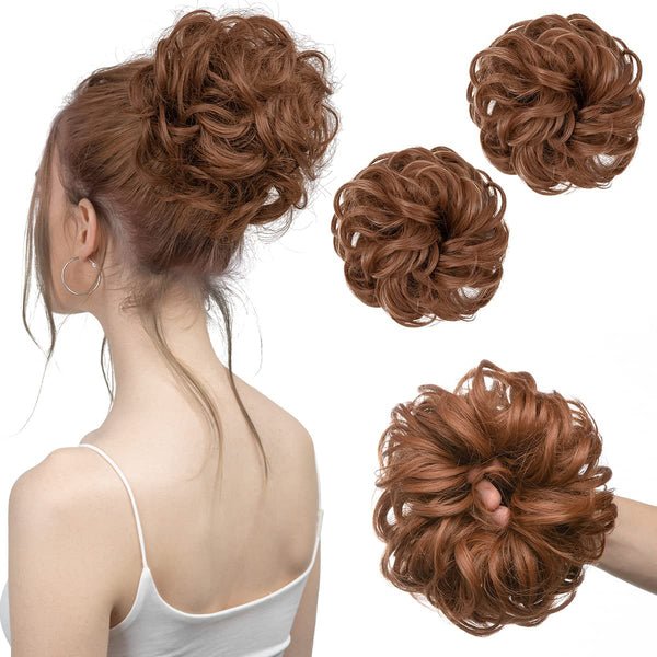 SARLA 2PCS Messy Hair Bun Hair Pieces, Wavy Curly Synthetic Updo Extensions for Women (Light Auburn)