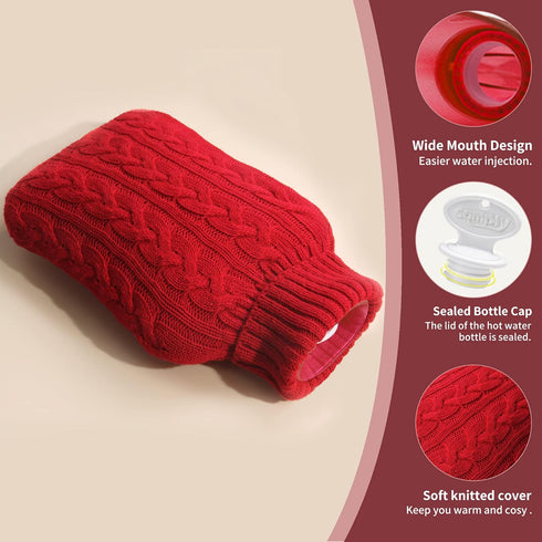samply Hot Water Bottle with Knitted Cover, 2L Hot Water Bag for Hot and Cold Compress, Pain Relief, Red