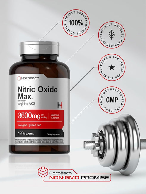 Horbaach Nitric Oxide Max 3600mg | 120 Caplets | Vegetarian, Non-GMO, Gluten Free Pre Workout Supplement with Arginine