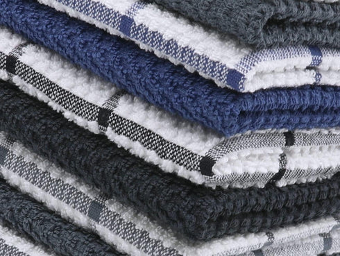 Cotton Grid Dish Cloths, Terry Cleaning Rags, 12 x 12 Inches, 8pc/Set, Blue Multi