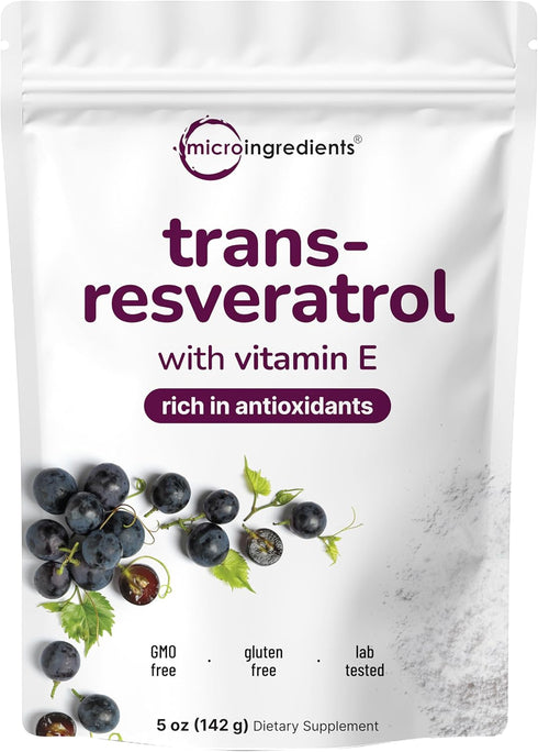 Pure Trans-Resveratrol Powder with Vitamin E, 5 Ounce, Micronized for Better Absorption, Premium Supplement