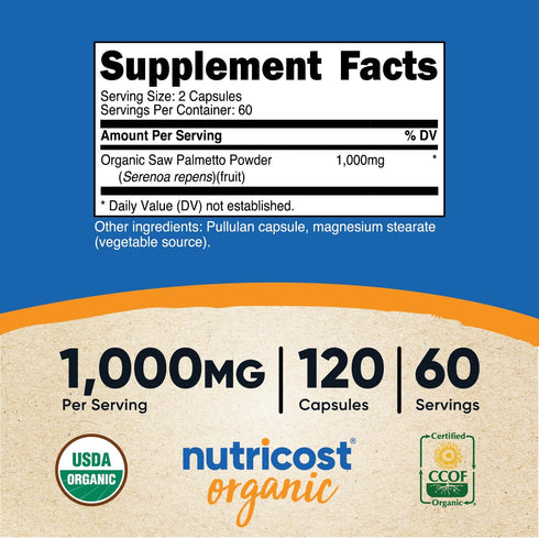 Nutricost Saw Palmetto 1000mg, 120 Capsules - CCOF Certified Made with Organic Saw Palmetto, Vegetarian Friendly, 60 Servings, 500mg Per Capsule, Gluten Free