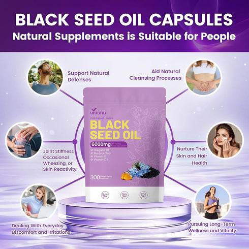 Pressed,6000mg,300 Count 9-in-1 E&D3 Non-GMO,Immune VivoNu Black Seed Oil Capsules, Black Seed Oil Organic Cold |