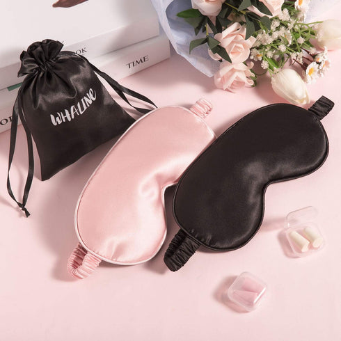 Whaline 2 Pcs Silk Sleep Eye Cover with Ear Plugs, Soft Eye Cover for Night Sleeping, Pink & Black