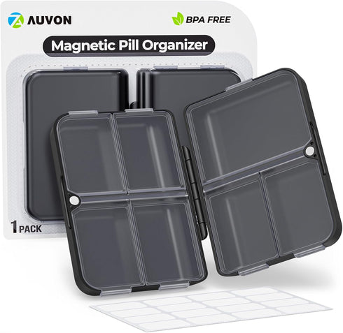 AUVON Travel Pill Organizer, Folding Design with 7 Compartments, Portable Pill Box for Pocket Bag, Black