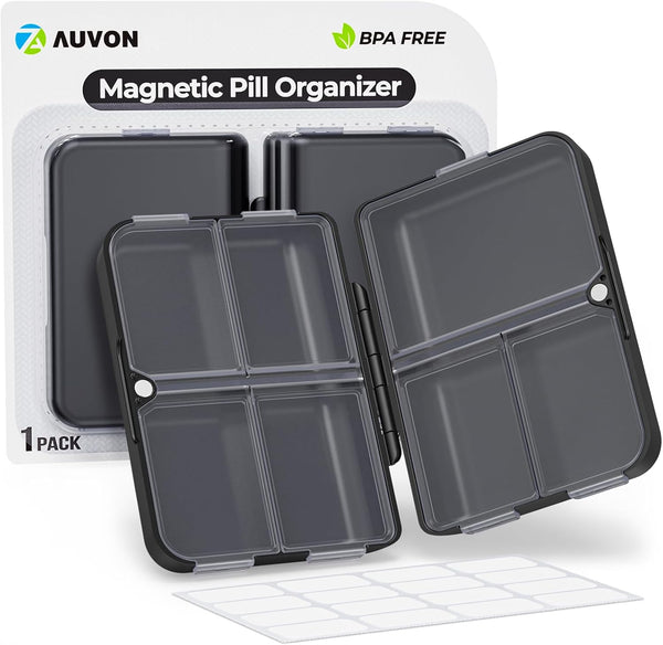 AUVON Travel Pill Organizer, Folding Design with 7 Compartments, Portable Pill Box for Pocket Bag, Black