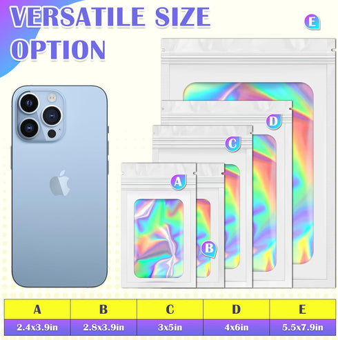 JETMORE Mylar Bags, 100 PCS Holographic Smell Proof Bags with Front Window for Food and Jewelry Storage