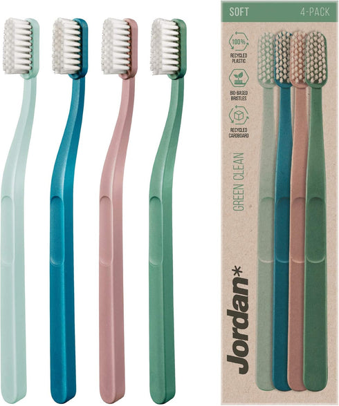Jordan Green Clean Manual Toothbrush - Soft Bristles, Sustainable Scandinavian Design, Mixed Colors, 4 Units