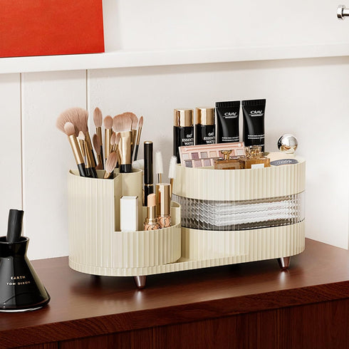 Rotating Makeup Organizer for Vanity - 3 Layer Storage with Brush Holder and Drawer for Cosmetics