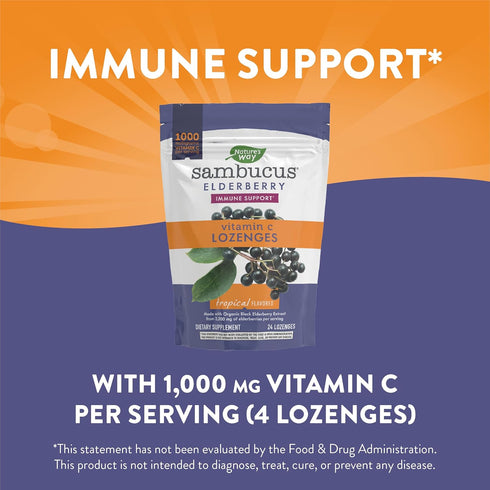 Nature’s Way Sambucus Elderberry Lozenges, 1000 mg Vitamin C per Serving, Tropical Flavor, 24 Count