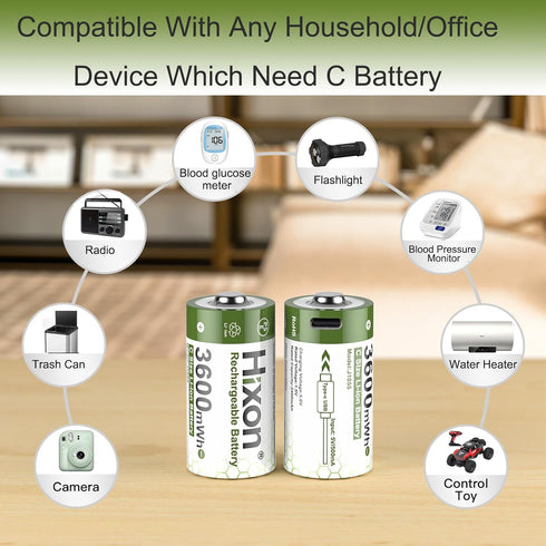 Hixon 1.5V 3600mWh 2 1500 2-in-1 2-Pack USB Rechargeable Lithium Batteries C Size, Rechargeable C Battery, Charges