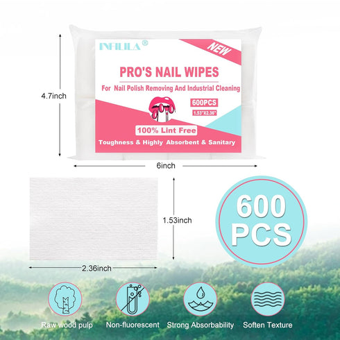 NXJ INFILILA Lint Free Nail Wipes, 600CS Natural Wood Pulp, Acetone Nail Polish Remover Pads for Salon Supplies