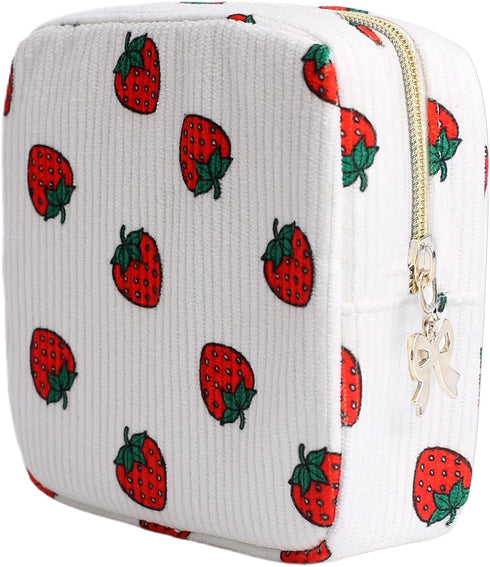 Teircno Period Bag for Women, Portable Corduroy Sanitary Napkin Storage Bag Strawberry Period