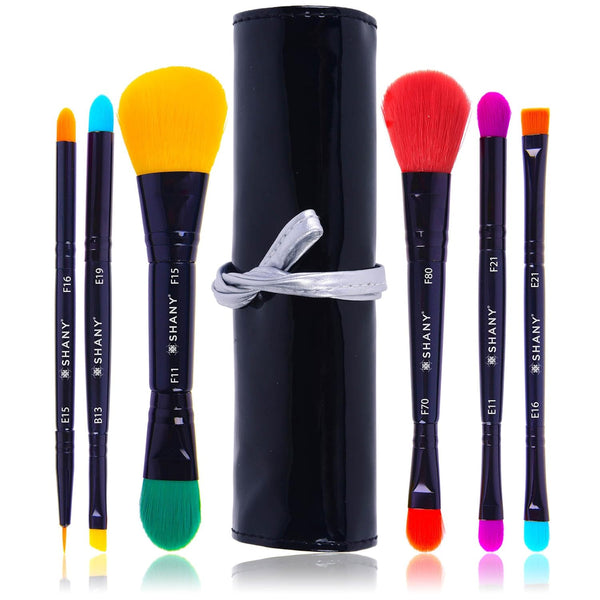 SHANY Vegan Makeup Brushes - LUNA, 6 PC Double Sided Travel Brushes with 12 Unique Bristles & Storage Pouch