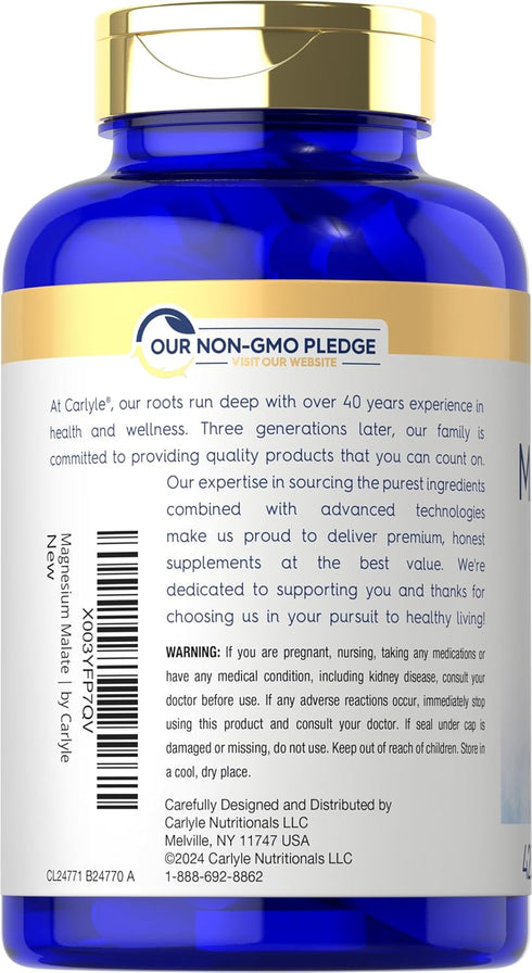 Carlyle Magnesium Malate 1800mg - 420 Coated Caplets, Vegetarian, Non-GMO, Gluten Free Supplement