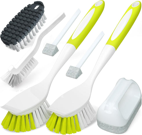 Holikme 7 Pack Dish Cleaning Brush & Pad Set, Kitchen Scrub Brush, Scouring Pad, Bendable Clean Brush & Groove Gap