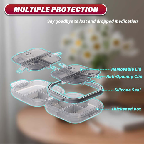 THERAVIX 7 Pill Organizer Travel, Pill Box Day with Labels, Airtight Daily Small Pill Case with Double Lock