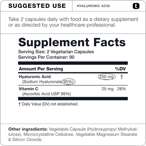 Ultra High Purity Hyaluronic Acid Capsules, 95%+ Highly Purified with Vitamin C - 180 Capsules